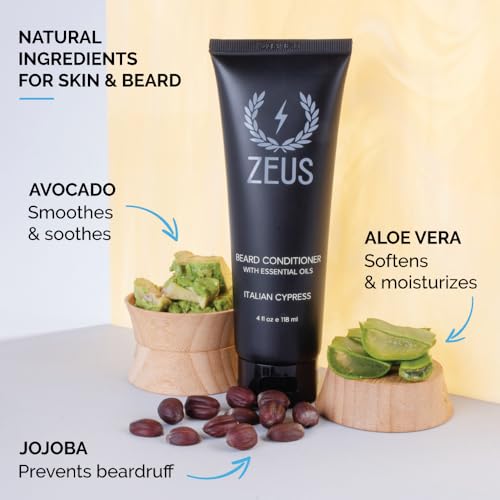 ZEUS Italian Cypress Beard Conditioner Wash with Essential Oils for Men, Deep Cleansing Hydration for Softer Facial Hair with Avocado, Aloe Vera & Jojoba Oil (Made in USA) 4 oz.