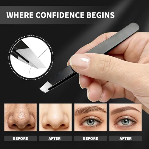 Adulahi Professional Slant Tweezers for Eyebrows & Facial Hair - Carbon Stainless Steel with Case