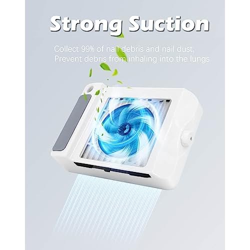 Nail Dust Collector Low Noise, AONOLOVO Powerful Nail Vacuum Dust Collector Suction Fan with Lamp for Nail Tech Acrylic Nails Gel Dip Powder Removal, with Nail Dust Brush, 03-White