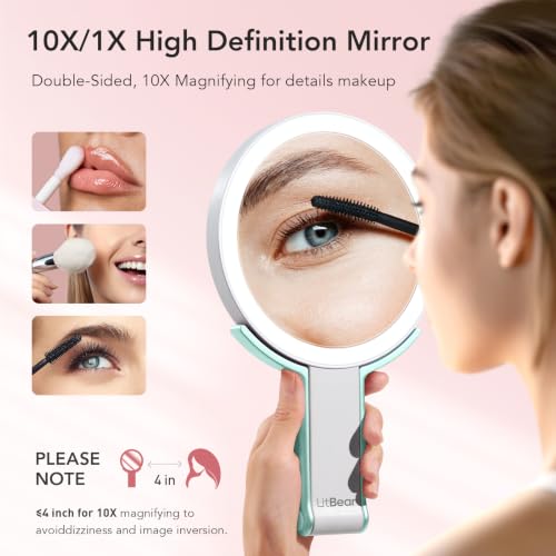LitBear Rechargeable Double-Sided Travel Makeup Mirror with Lights, 10X/1X Magnification, Dimmable Touch Screen, Portable Beauty Mirror, Green