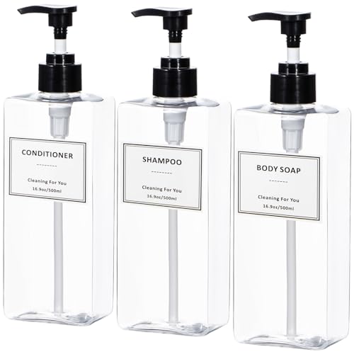 Plastic Shampoo and Conditioner Dispenser, Yeeco Refillable Pump Bottles Blue Shampoo Dispenser 16.9oz/500ml Shampoo Bottles with Pump 3 Packs for Bathroom, Kitchen, Hotel - Clear