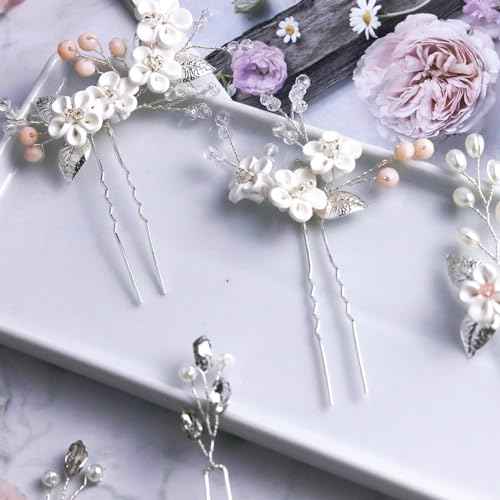 6 Pcs Flower Bridal Wedding Hair Pins Flower Rhinestone Pearl Hair Piece for Women Crystal Hair Accessories for Bride Bridesmaids Flower Girls(Silver)