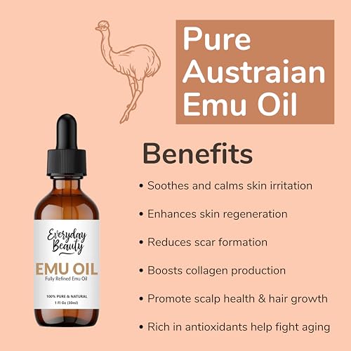 Pure Australian Emu Oil - All Natural 6X Refined for Face, Skin and Hair - Highly Effective Hydration for Sensitive Skin & Hair Growth Perfect for Scars & Blemishes - 1 Fl Oz Glass Bottle & Dropper