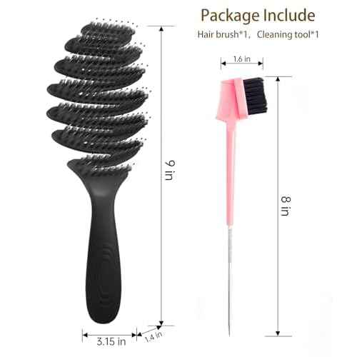 Boar Bristle Hair Brush & Detangling Brush? Fluffy Hair Paddle Detangler Hairbrush with Vent & Curved Design for Fine, Thick, Curly Hair (Wet/Dry Use, Women Men Kids)