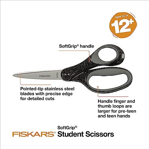 Fiskars 7" SoftGrip Student Glitter Scissors for Kids 12-14, Scissors for School or Crafting, Back to School Supplies, Black Glitter