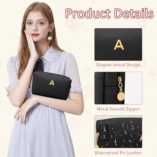 Personalized Initial Makeup Bag | Waterproof PU Leather Cosmetic Toiletry Travel Bag