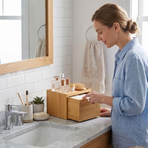 Bamboo Facial Towel Holder with Drawer - Eco-Friendly Bathroom Storage Box