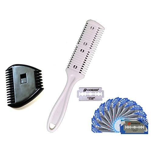 ALAZCO Combo Set, White Plastic Personal Double Edge Razor Comb Hair Beard Bikini Trimmer and Mini 3-Razor Black Plastic MANUAL TRIMMING Comes with 12 Extra Blades