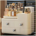 Cosmetic Organizer with 3 Drawers, Makeup Storage Display Case, White Vanity Beauty Container, Chrome Knobs