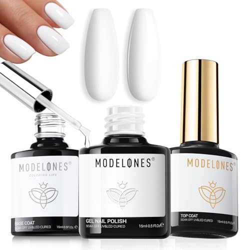 Modelones 3 Pcs Gel Base & No-Wipe Top Coat Set with White Gel Polish