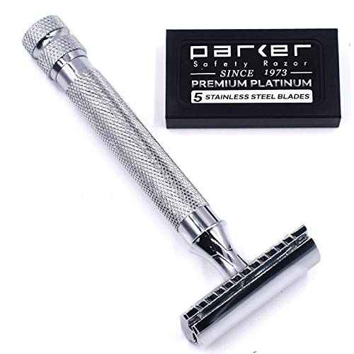 Parker 91R Heavyweight Long Handle Safety Razor – Classic 3-Piece Double Edge Razor for Smooth, Close Shaves – Brass Frame with Textured Chrome Finish – Compatible with All DE Razor Blades