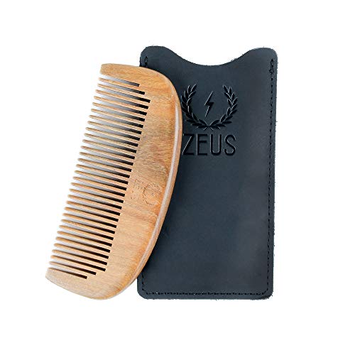 ZEUS Sandalwood Beard Comb for Men, Natural Wooden Comb with Leather Sheath, Travel-Friendly & Anti-Static Grooming Tool (S31)