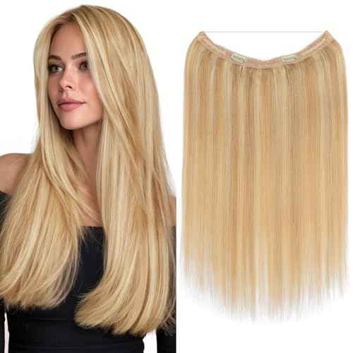 MY-LADY Halo Hair Extensions Real Human Hair for Women Ash Blonde & Bleach Blonde Clip in Remy Hairpiece with Adjustable Invisible Wire 16 Inch 65G