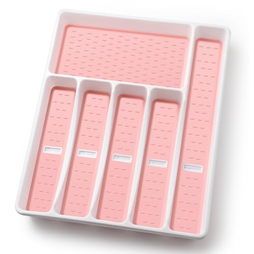 Silverware Organizer with Cutlery Icons，Pink Kitchen Silverware Tray for Drawer，Plastic Flatware Tableware Silverware Drawer Organizer Utensil Organizer with Non-slip TPR Linings，6-Compartment，Pink