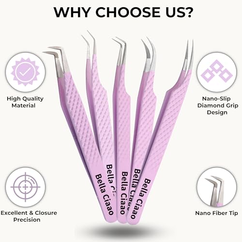 Bella Ciaao Lash Tweezers Pack of 5 ? Eyelash Extension Tweezers Set for Professionals
