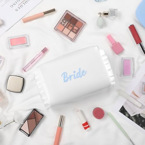 Etercycle Bride White Satin Cosmetic Bag with Blue Embroidery