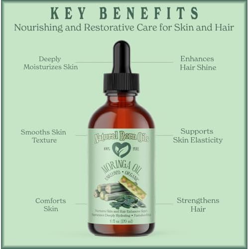 Natural Born Oils Moringa Oil, 8oz, Organic, Cold-Pressed, Rich in Vitamins A & C, Ideal for Moisturizing Skin, Strengthening Hair