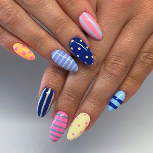 Rokhevn Style-26 Medium 24Pcs Press-On Almond Nails Polka Dots & Stripes Reusable Fake Nails