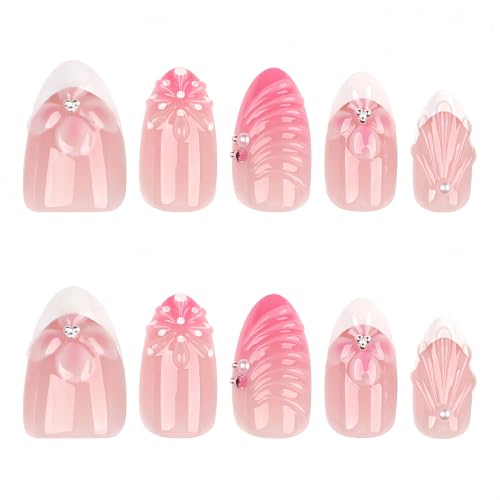 Stbisen Petal Pearl Almond Press On Nails - 95-Blush, 24pcs, Floral & Shell Design
