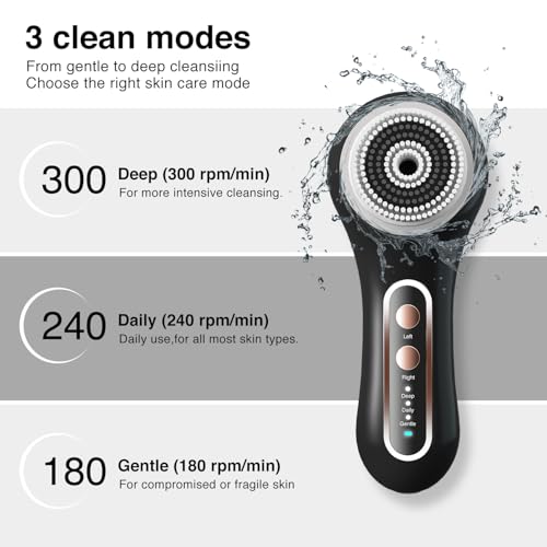 Electric Facial Cleansing Brush, 2-Way Rotating Face Scrubber for Daily & Deep Cleaning, 3 Modes, 5 Brush Heads, Rechargeable, IPX7 Waterproof for All Skin Types