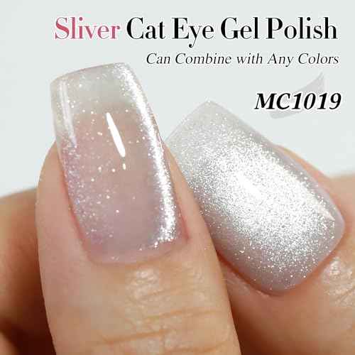 Double Rhythm 0.5 OZ Cat Eye Gel Polish with Magnet 15ML Holographic Glitter Shimmer Translucent Jelly Color Magnetic Polish Salon DIY at Home (Silver-MC1019)