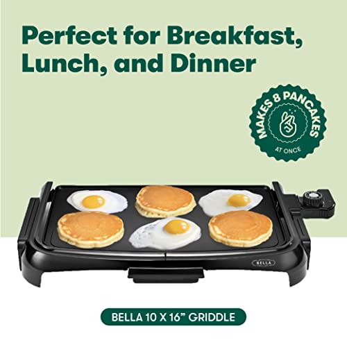 BELLA Electric Griddle with Crumb Tray - Smokeless Indoor Grill, Nonstick Surface, Adjustable Temperature Control Dial & Cool-touch Handles, 10" x 16", Black