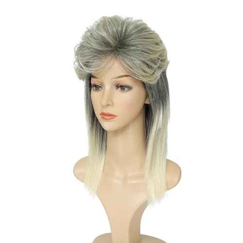 ByouByou Mullet Wigs for Women Curly Synthetic Heat Resistant Shoulder Length Hair 80s Rocker Cosplay Wigs (Blonde Mixed Black)