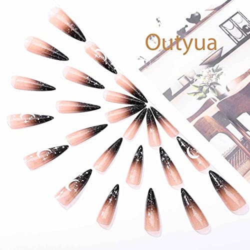 Outyua Stiletto Halloween Long Press on Nails with Designs Moon Acrylic Fake Nails Ballerina False Nails Full Cover Nails 24Pc (Moon)