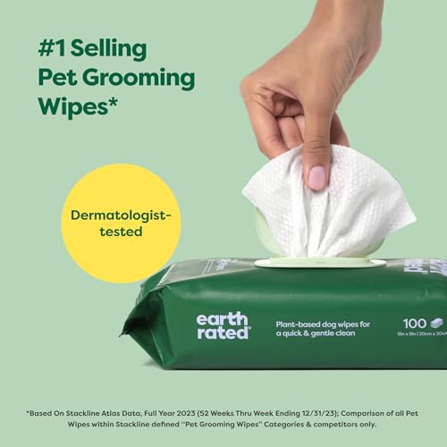 Earth Rated Hypoallergenic Dog Wipes, Cleaning and Odor-Controlling Grooming Wipes for Paws, Body, and Butt, Perfect for Puppy and Adult Dogs, Lavender Scented, 100 Count