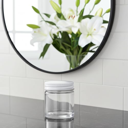 (6 pack) 1 oz / 30 ml Clear Thick Glass Straight Sided Jar with White Metal Airtight Lid