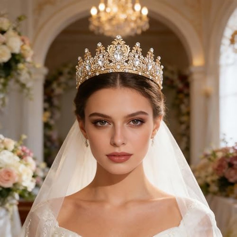 Queen Crown Rhinestone Tiara for Women - Gold & White