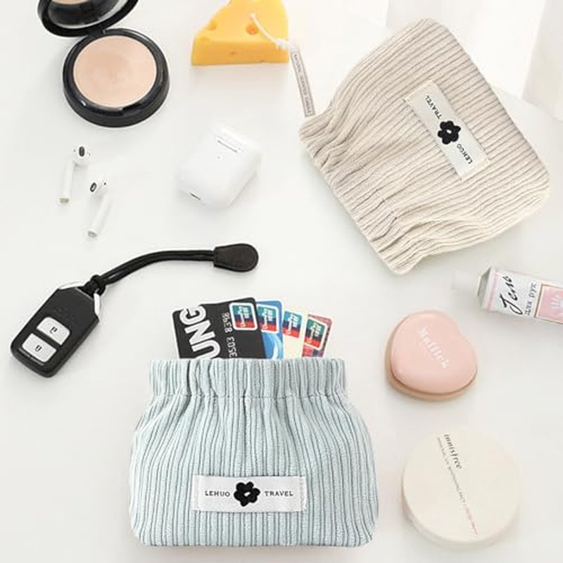 2pcs Corduroy Elastic Hair Tie Organizer Portable Travel Small Makeup Pouch Corduroy Lipstick Storage Bag for Hair Jewelry Lipstick Coin Purse for Women(Blue+White)