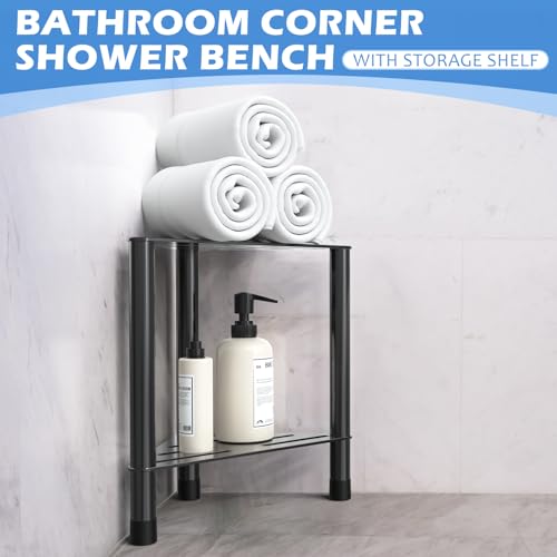 Corner Shower Stool with Storage Shelf - Stainless Steel