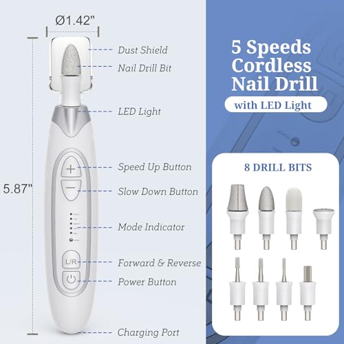 Electric Nail File Kit - Cordless Manicure & Pedicure with 5 Speeds & LED Light