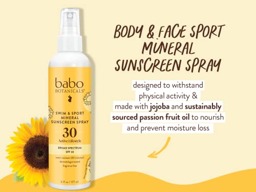 Babo Botanicals Swim & Sport Mineral Sunscreen Spray SPF 30 - Natural Zinc Oxide - Face & Body - For all ages - Dermatologist Tested - Cruelty-Free - Fragrance-Free - Water Resistant