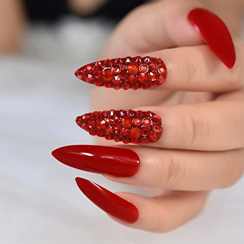 Elevenail Glossy Red Press on Nails Long Coffin False Nails Faux Ongles Reusable Solid Color Nail Art Tips Salon DIY Manicure Acrylic Fake Nails Gifts for Women Girls