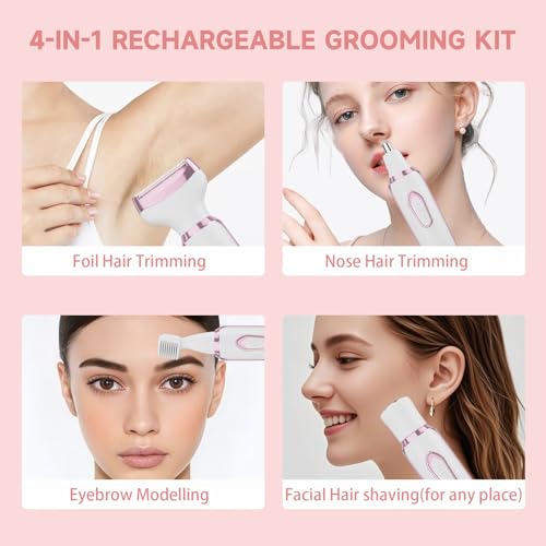 Electric Razors Shaver for Women Painless 4 in1 Women Shaver Cordless Rechargeable Facial Eyebrow Razors & Nose Hair Trimmer Lips Body Bikini Trimmer for Womens Grooming Kit 3028 White