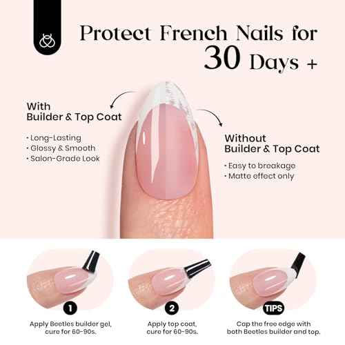 Beetles French Tip Press On Nails: 150 Pcs Pink Short Square Press On Nails 4 in 1 Nail Tips, Pre-Applied Primer & Base Coat, No File Need DIY Manicure for Fake Nails Extension Gifts for Women