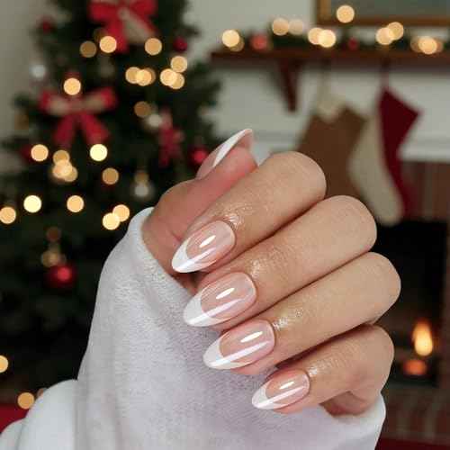 Press On Nails - Paris | French Tip, UV Finish Almond Nails, Reusable | 16 Sizes - 32 Nails in Kit with Glue (French Toast)