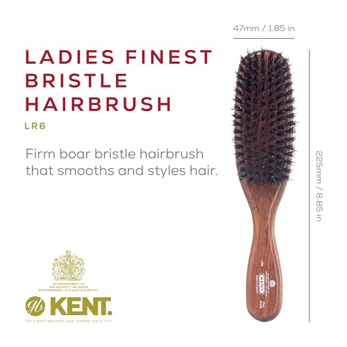 Kent LR6 Finest Dark Wood Styling Hair Brushes for Women - Natural Black Boar Bristle Hairbrush for Medium to Thick Hair of All Lengths - Dry Brush for Styling, Straightening, and Stimulating Oils