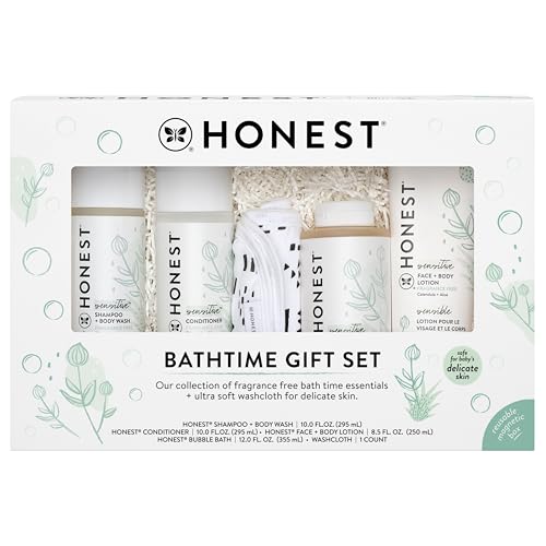 The Honest Company Fragrance-Free Bathtime Gift Set, Hypoallergenic, Bath Essentials for Sensitive Skin, Shampoo and Body Wash, Face Lotion, Bubble Bath, Conditioner, Wash Cloth