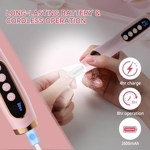 Cordless Electric Nail Drill with 6 Speeds, LED Light & Rechargeable Battery