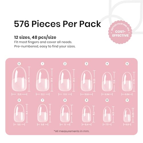 Beetles A- Oval S 576Pcs Short Oval Nail Tips, 12 Sizes, Half Matte Inner Surface