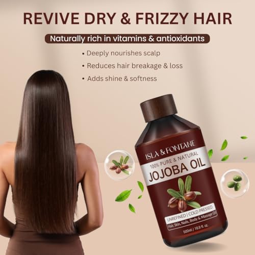 ISLA & FONTANE Jojoba Oil Set ? 17 fl oz (500ml) | 100% Pure & Natural | Golden, Unrefined, Cold Pressed | 2 Dropper Bottles & Massager | Hexane-Free Carrier Oil for Skin, Hair, Face, Nails & Body