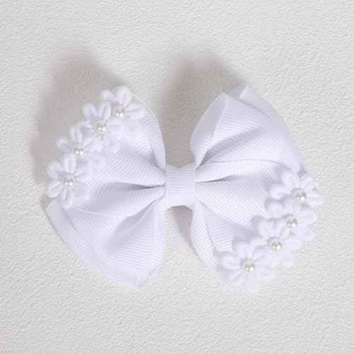 4" Flower Hair Bows for Girls White Pearl Bowknot Hair Clips Floral Ribbon Alligator Barrettes Toddler Teen Kids Women Wedding Pageant Communion Party Dress Decoration Accessory