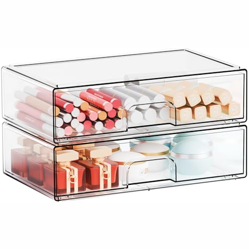2 Pack Acrylic Drawer Organizer,12.2''W Clear Stackable Storage Drawers,Acrylic Boxes for Storage Makeup Palettes,Cosmetics,Pull Out Bathroom Storage Bins for Hair Products,Medicine Cabinet Organizer