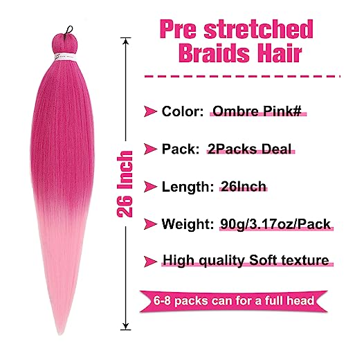 Unionbeauty Pre Stretched Braiding Hair 26 Inch Ombre Pink Braiding Hair 2 Packs EZ Braids Yaki Texture for Box Braids Hot Water Setting Crochet Hair Easy Braid Hair Extensions Synthetic Braiding Hair