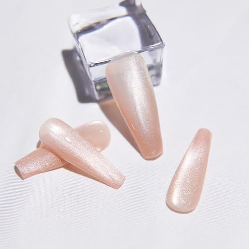 KKUUOO White Cat Eye Press on Nails Long Coffin Fake Nails Handmade False Nails with Glitter Design Full Cover Glossy Acrylic Nails Stick on Nails Jelly Press on Nails for Women Fall Winter Manicure