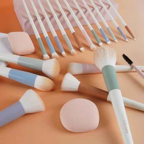 Colorful Series 18-Pcs Makeup Brush Set with Soft, Cruelty-Free Synthetic Bristles, Wooden Matte Handles, 2 Latex-Free Makeup Sponges & Travel Storage Bag ? Face & Eye Brushes for Makeup