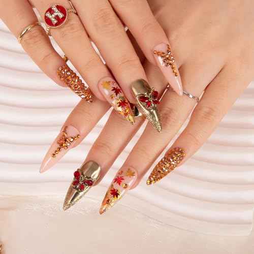 LOVFUL Press on Nails Luxurious Exquisite Autumn | Handmade with Full Covered Crystals | Reusable Full Cover Nails | Stiletto Classic Regular 1.3 in | H342-L